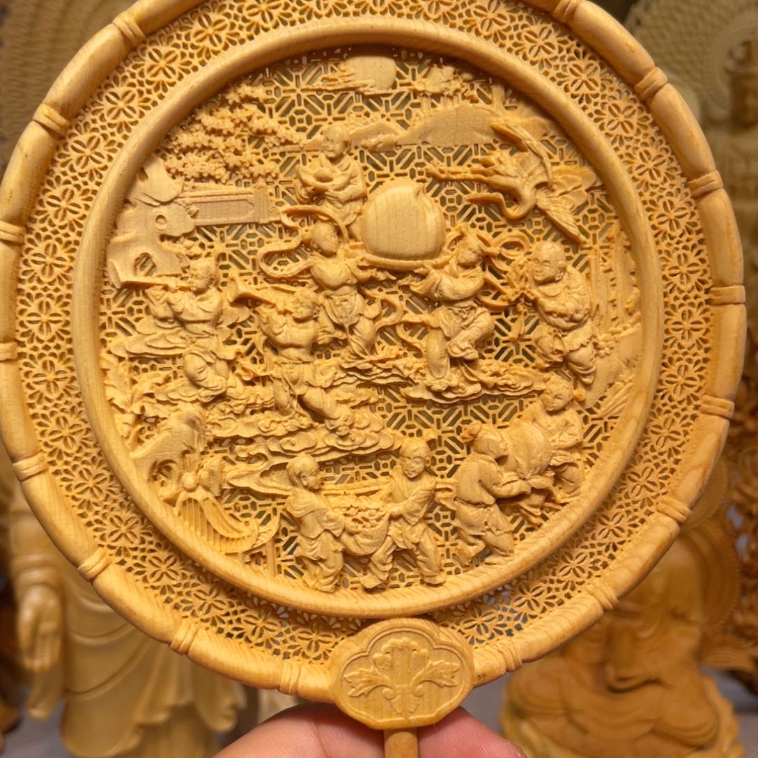 黄杨木百子图扇子