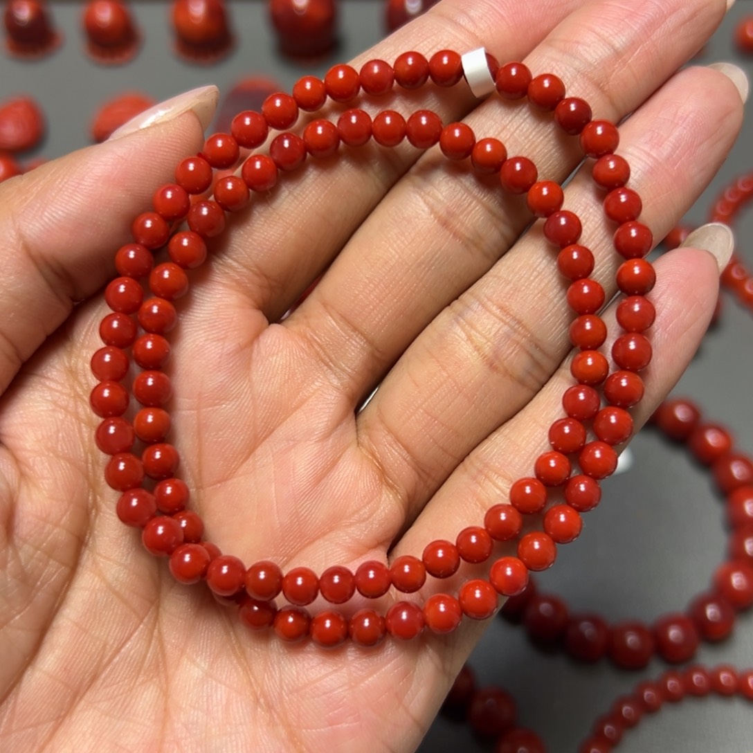南红玛瑙未镶嵌手串 玫瑰锦红双圈 约4.6mm 高阶色
