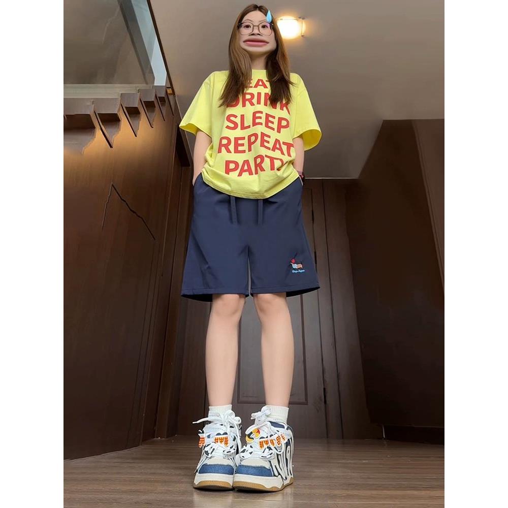 藏青腊肠小狗刺绣短裤男女夏季外穿美式速干运动裤子休闲五分中裤