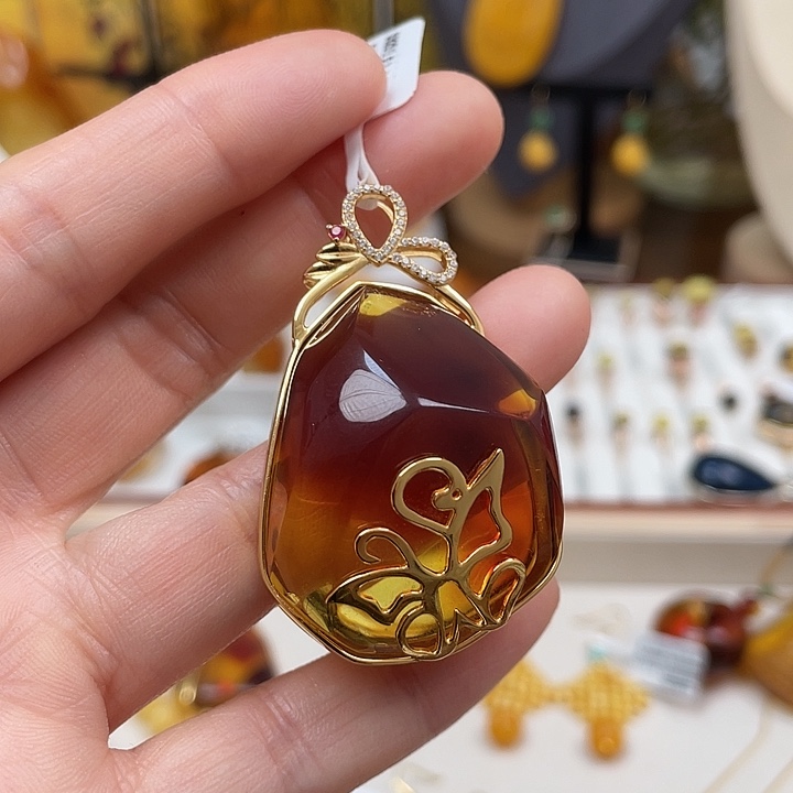 蓝珀珠宝奇石银S925镶嵌墨西哥红蓝珀 15.3克