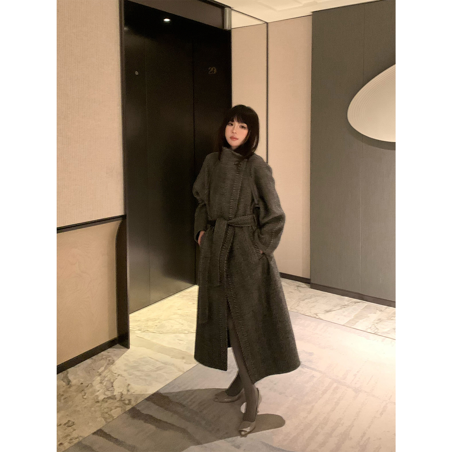 ASM ANNA/2穿领羊驼毛羊毛人字纹AB双面呢大衣女A2512ADY003 