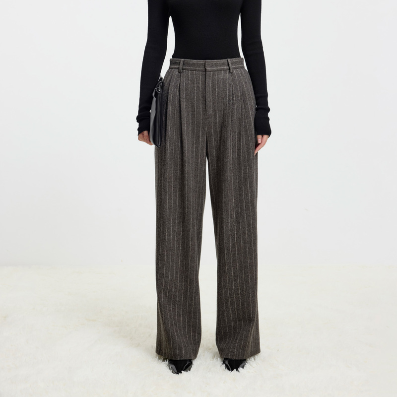 寺山文也 云游/真丝羊毛休闲复古条纹中腰裤加厚直筒阔腿裤女冬