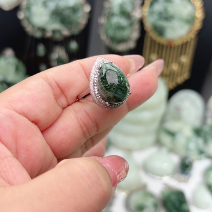 透闪石-蛇纹石玉银S925镶嵌戒指