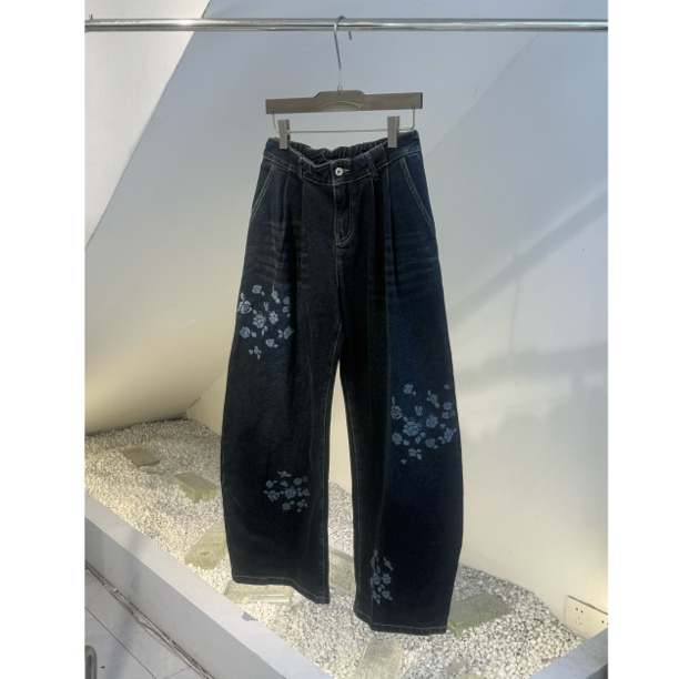 印花刷蜡撞色牛仔裤男新款垂感显瘦宽松阔腿休闲长裤子NZ7270-1