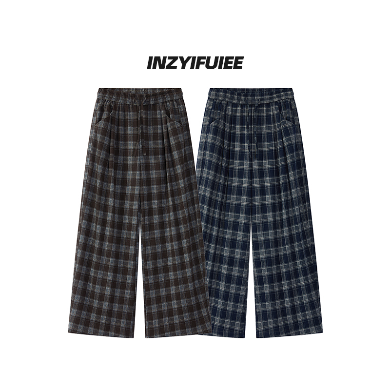 INZYIFUIEE格子休闲卫裤女松紧腰设计慵懒风垂感阔腿裤百搭通勤裤