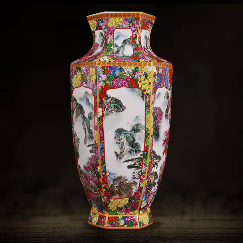 （高度35厘米，肚径16厘米）景德镇陶瓷花瓶万花珐琅彩（六方尊）