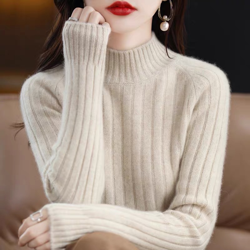 100%纯羊绒衫女士半高领打底衫秋冬季厚款宽松圆领毛衣纯色百搭