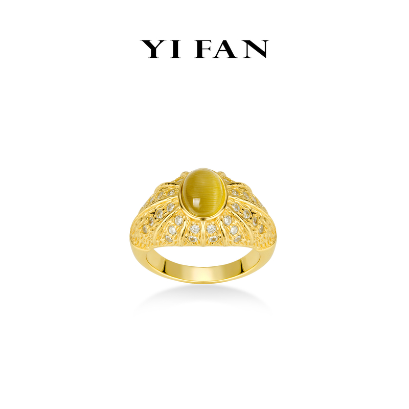 925银合成锆石戒指 1850-金色雕纹猫眼蛋面豪镶百搭戒指