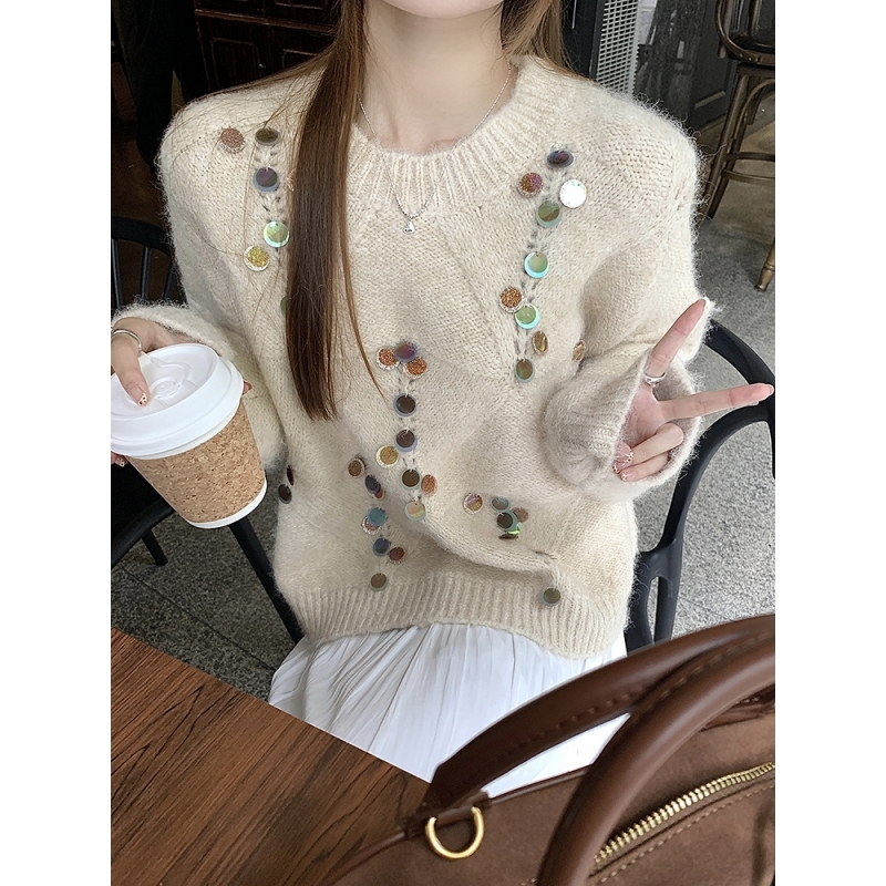  【年末捡漏】乌77美拉德超重工亮片套头毛衣女圆领上衣秋