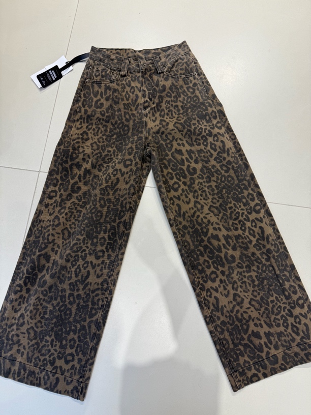 豹纹设计休闲百搭宽松直筒阔腿牛仔裤