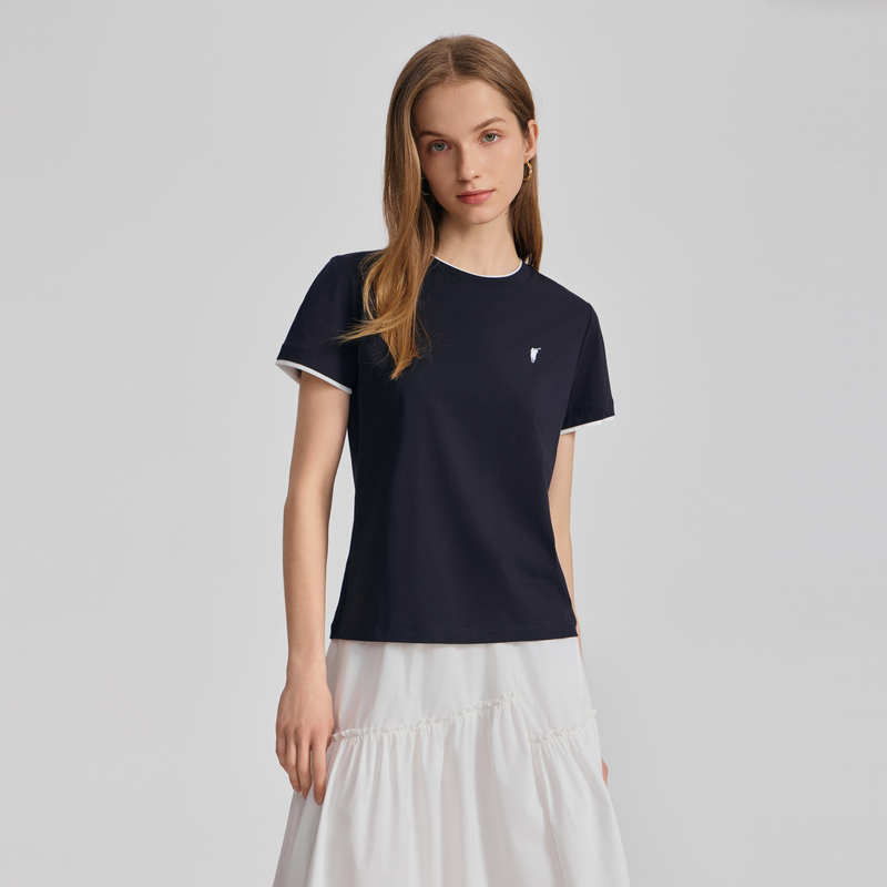 POLOWALK短袖圆V领T恤女式2025夏季新品休闲百搭圆领时尚显瘦收腰