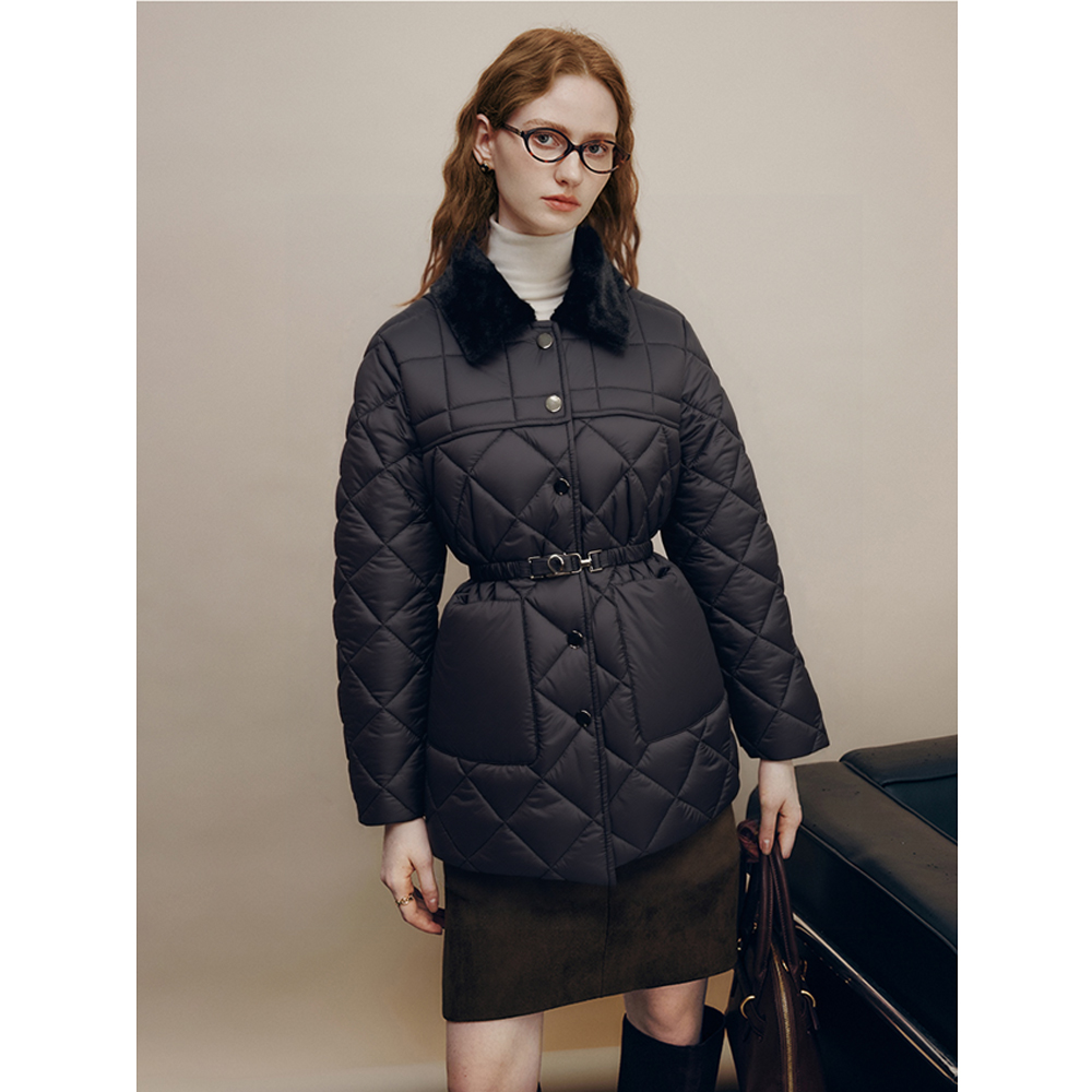 【轻暖菱格】时尚翻领菱格收腰显瘦棉服外套353301【T】