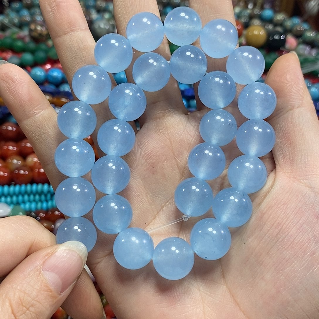 玛瑙/玉髓未镶嵌珠宝半成品海蓝玉一条卡14mm