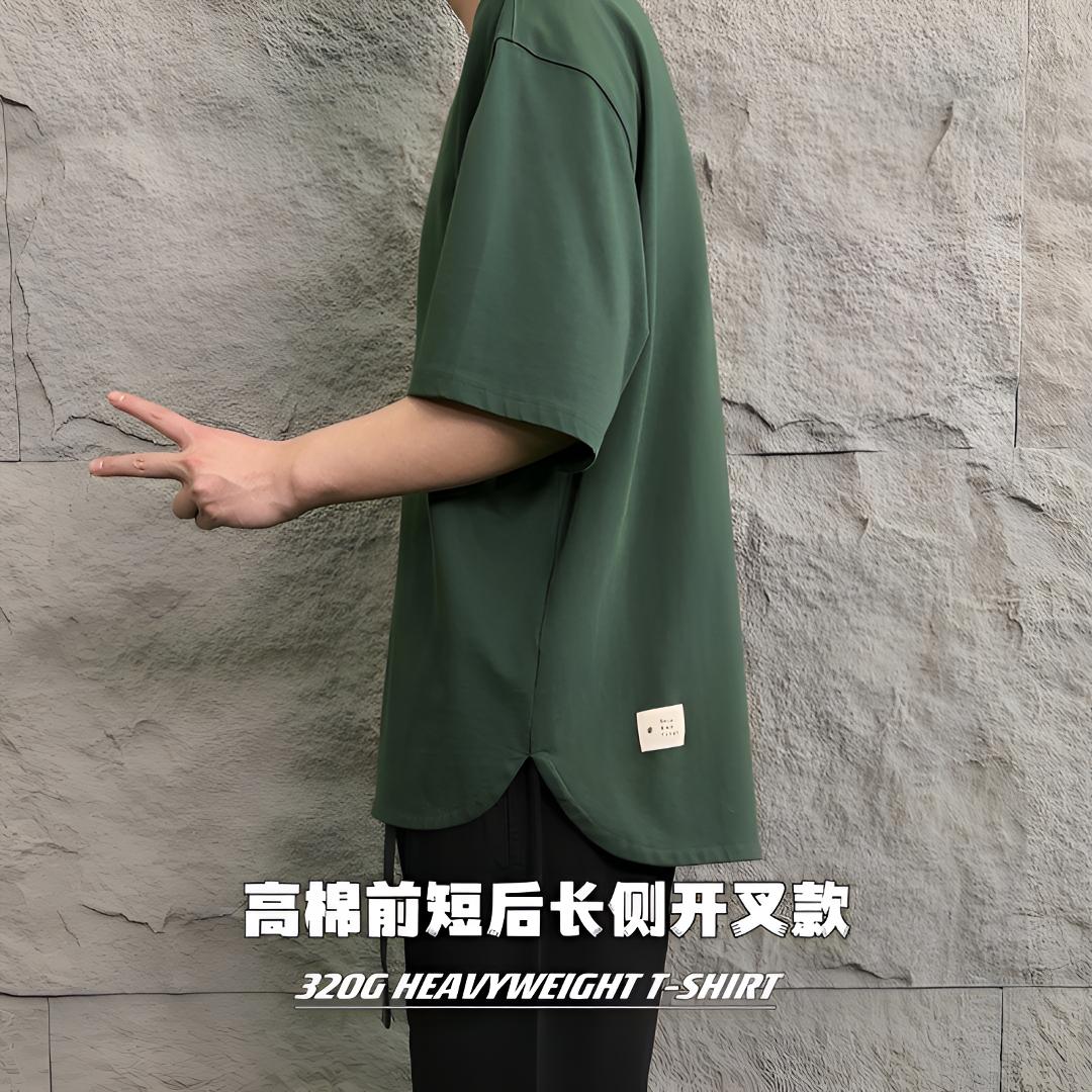 【CityBoy】圆领重磅圆弧下摆侧开叉前短后长 宽松纯色日系百搭短袖