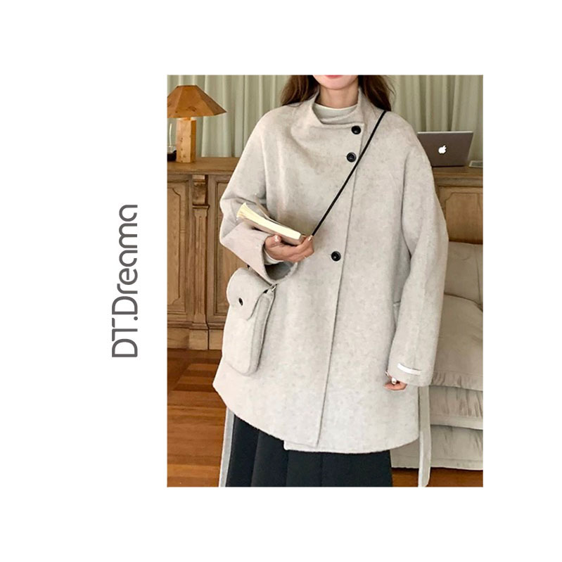 设计款高端立领双面羊毛大衣系带显瘦带小包包外套短款