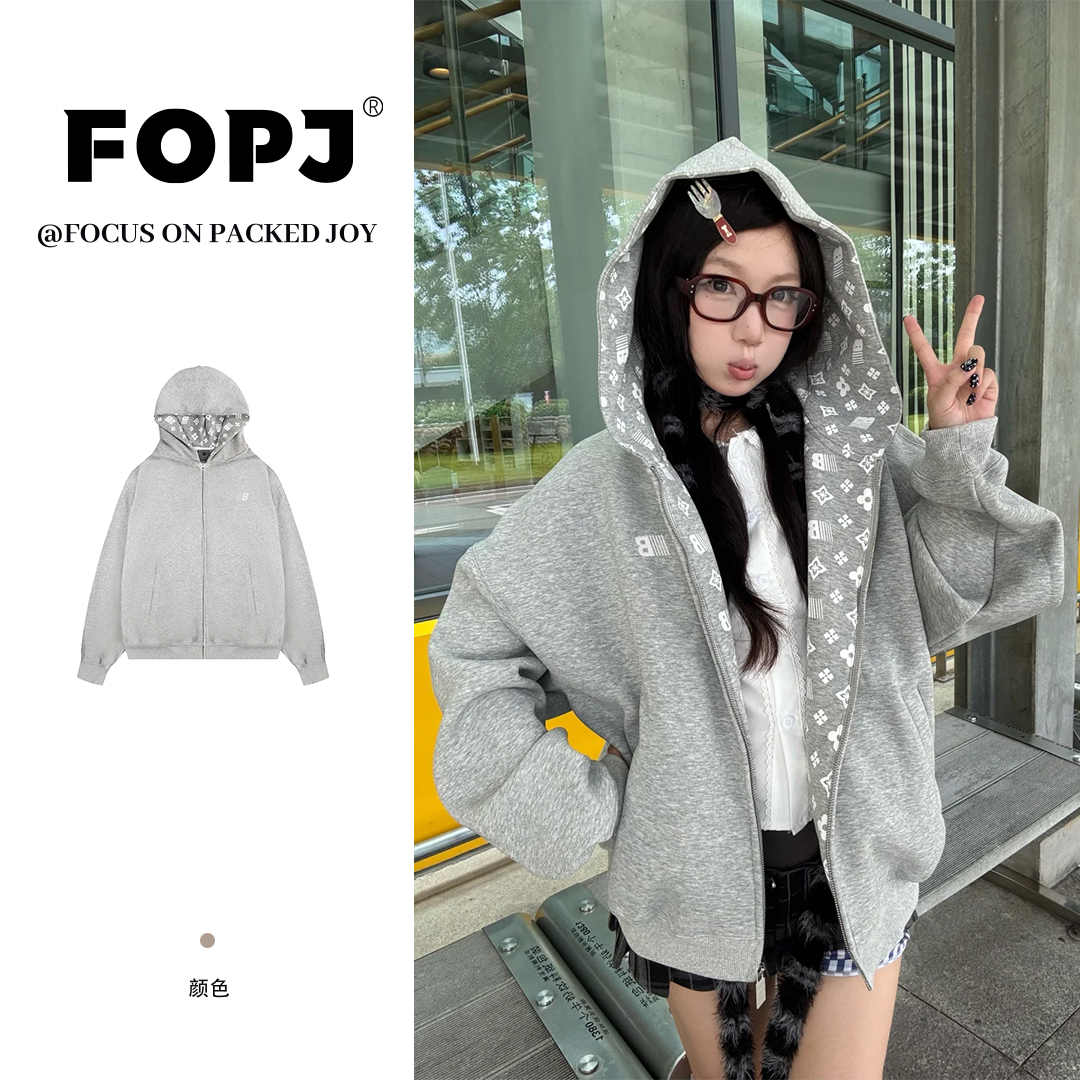 FOPJ刺绣款韩系学院风新款秋冬女外套拉链连帽小众设计感显瘦卫衣商品图