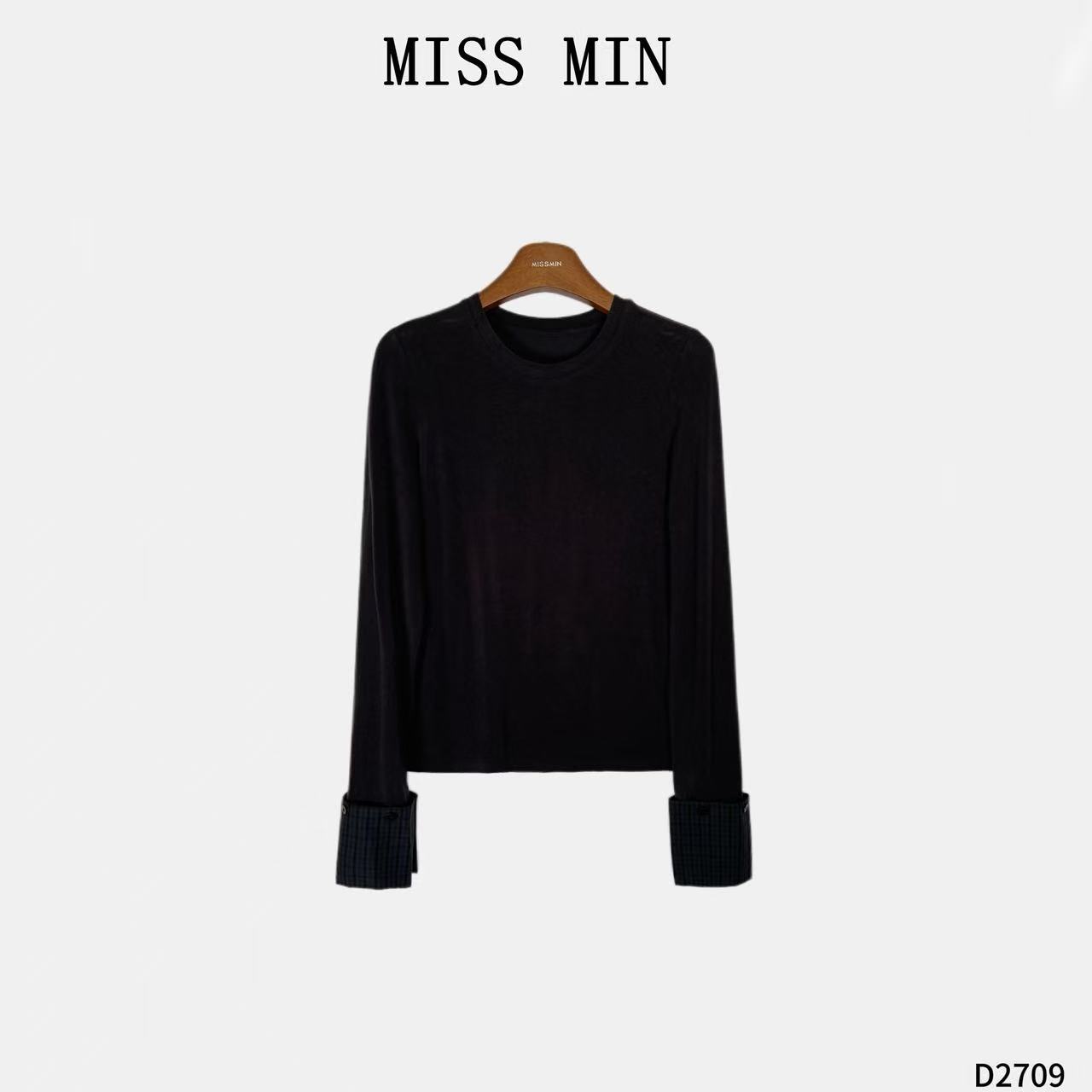 MISS MIN【拼格】拼接袖口打底设计小众衣服休闲百搭显瘦T恤D2709