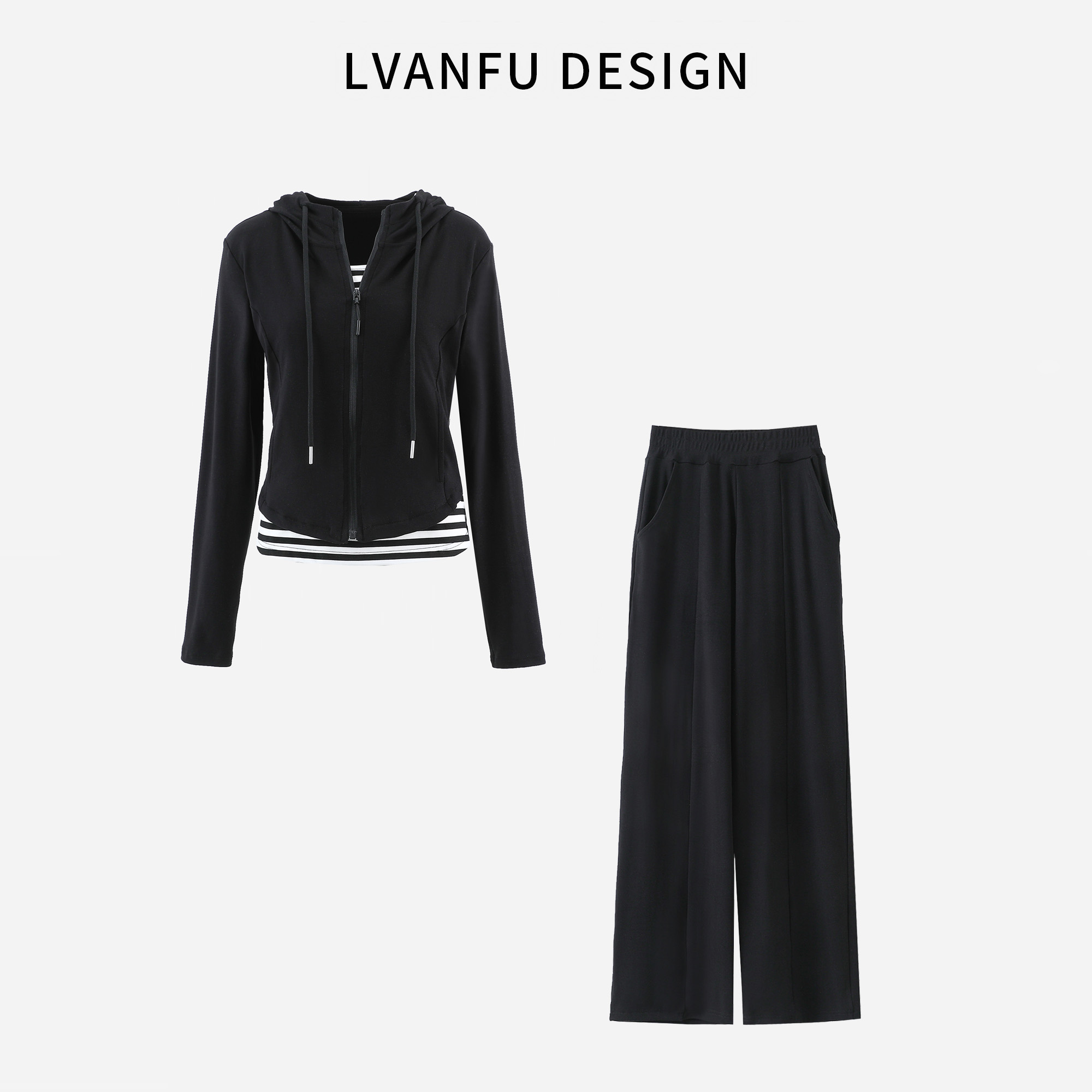 【依凡芙】春夏新款假两件拼接显瘦连帽薄款套装JY722A