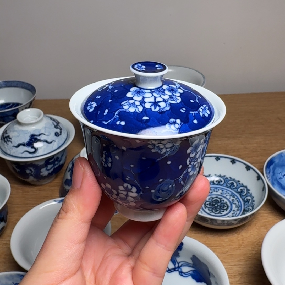 远***岫瓷杯子景德镇手绘冰梅盖碗