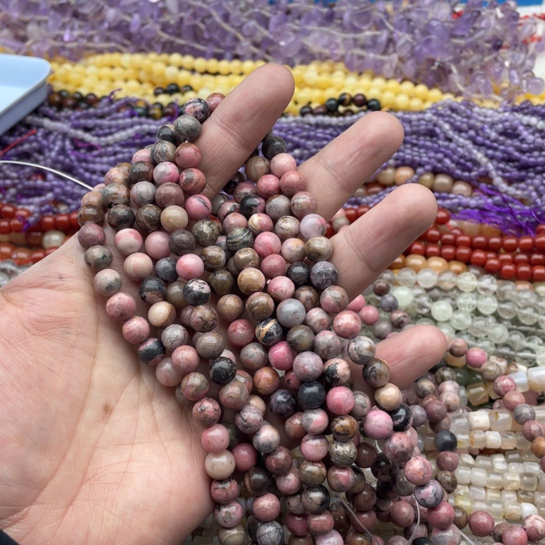 玛瑙/玉髓珠宝半成品未镶嵌两条装8mm玉化黑粉蔷薇