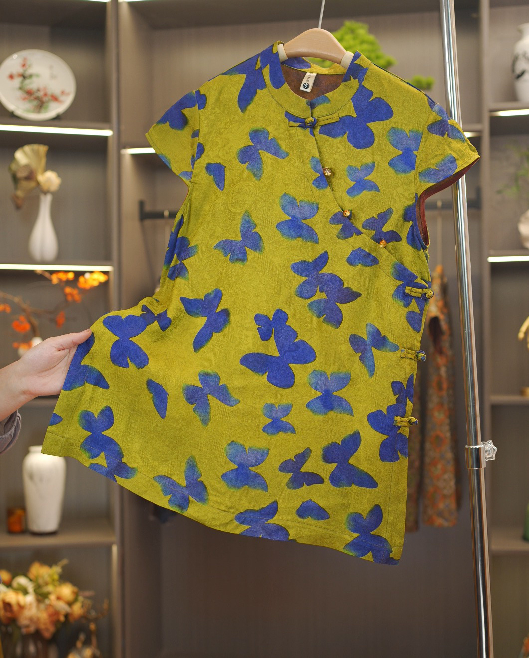 【澜韵-奥黛】中式中长款桑蚕丝花箩盘扣中长款飞袖盘扣奥黛上衣