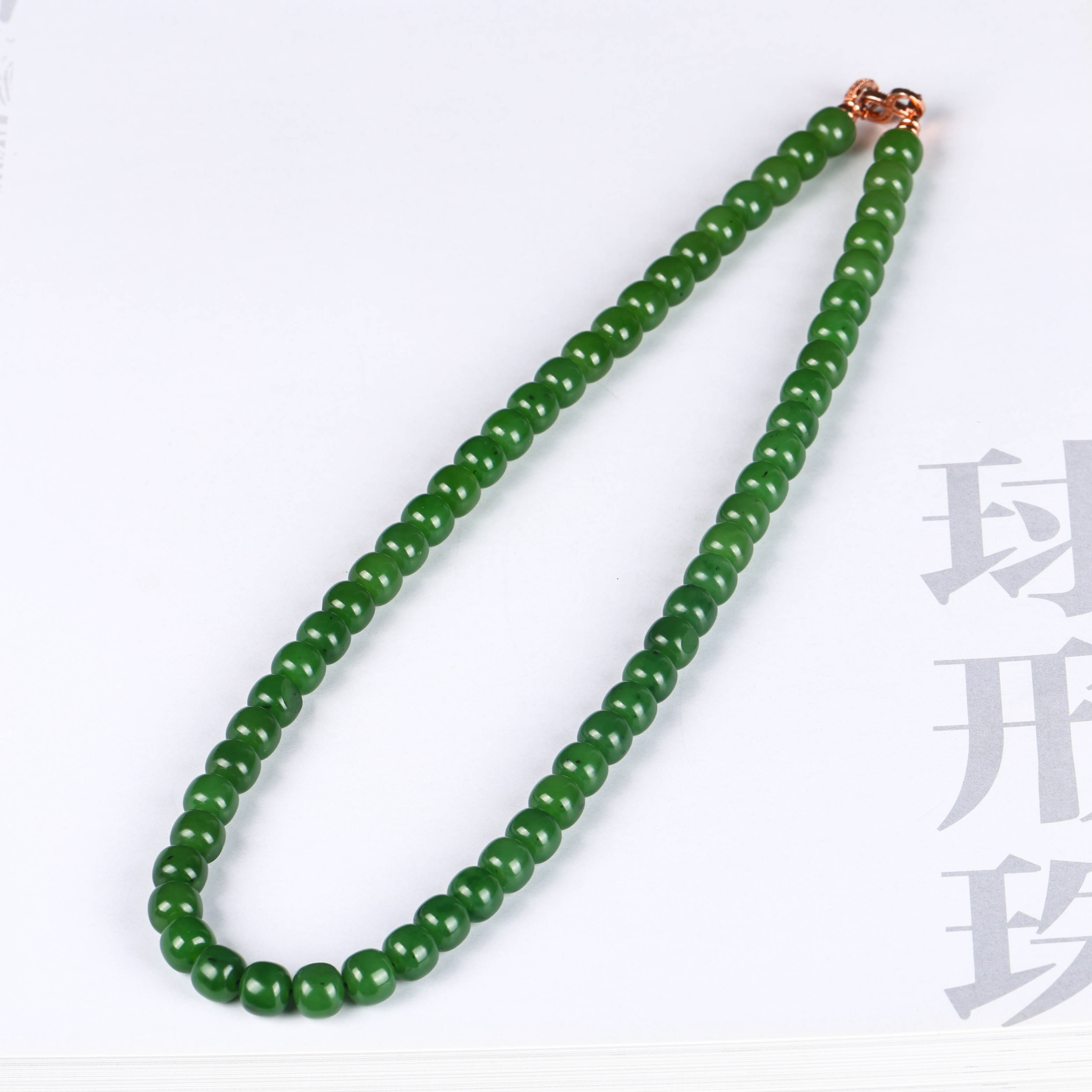 8×9mm和田玉碧玉老型珠妈妈链项链阳绿菠菜绿留有天然原皮