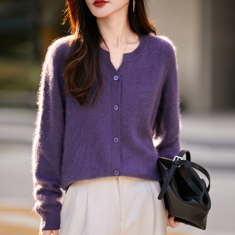 【高奢拉绒】女士小V领无缝一体拉绒开衫针织长毛拉绒外套