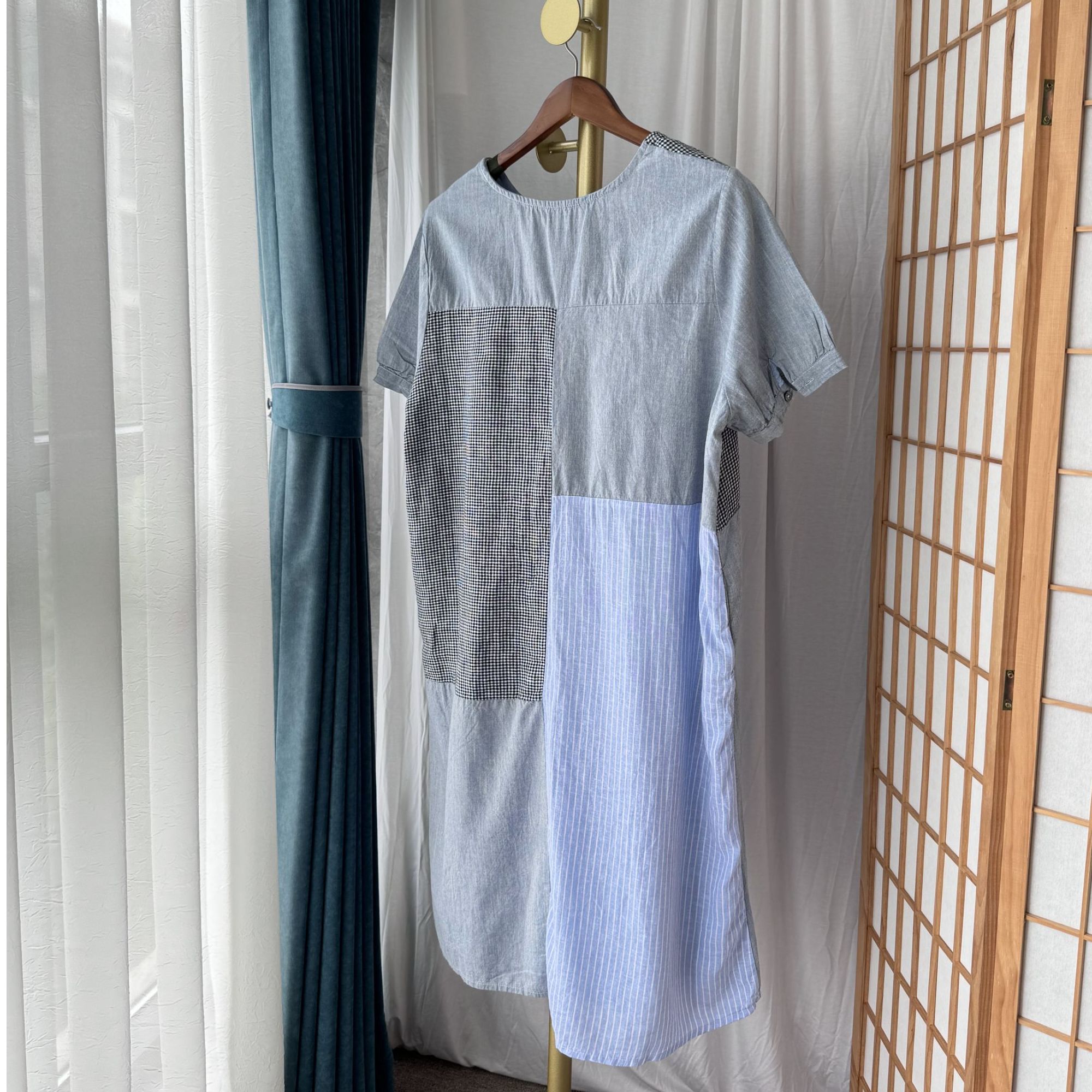 中长裙中长款复古条纹女装休闲拼接连衣裙短袖  衣长113 胸围120 