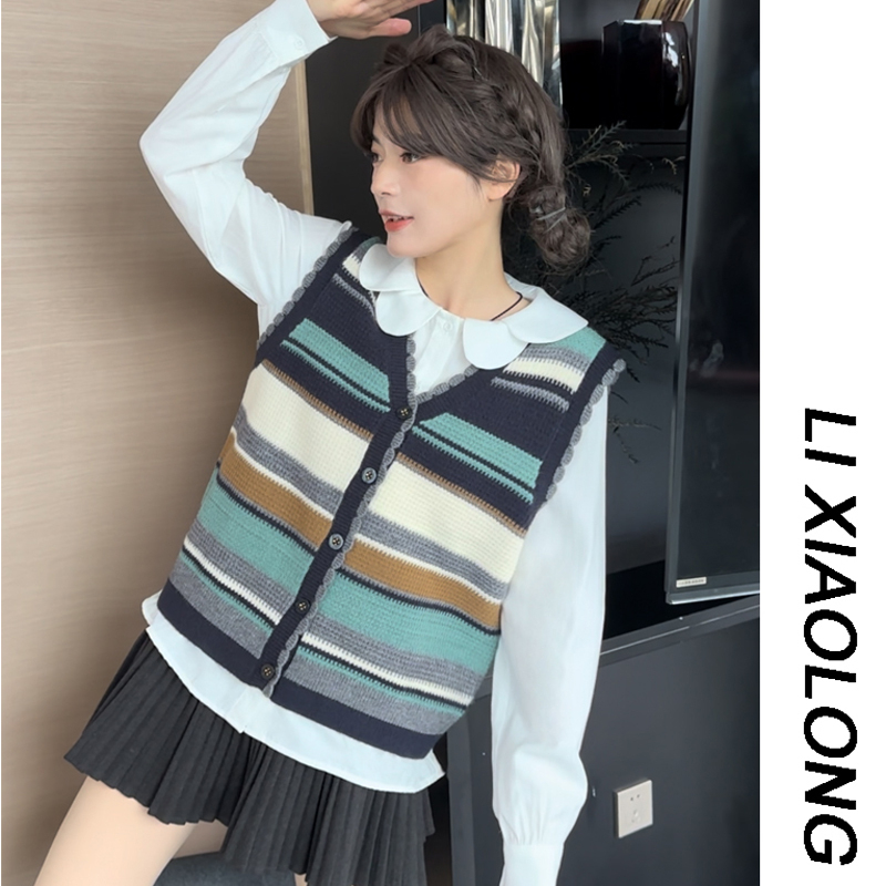 条纹v领毛衣少女秋冬2025新款设计感撞色背心马甲针织开衫QC-3686