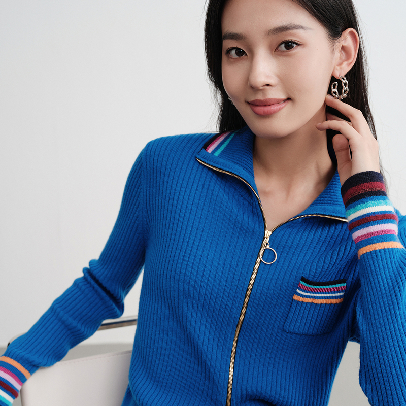 EP雅莹2025新款女装 羊毛羊绒时尚撞色中高领拉链针织开衫9153A