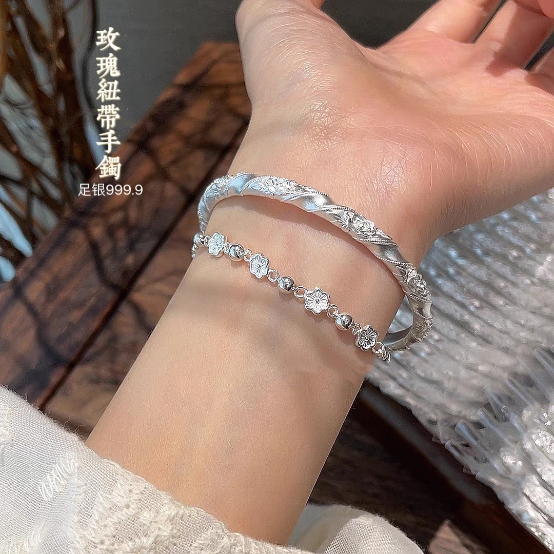 足银手镯 足银999.9描金雕花牡丹古法玫瑰花手镯女款新中式国风镯