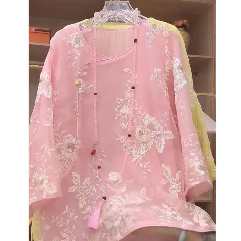 新中式夏季女士重工刺绣宽松国风盘扣短袖衬衫中国风复古