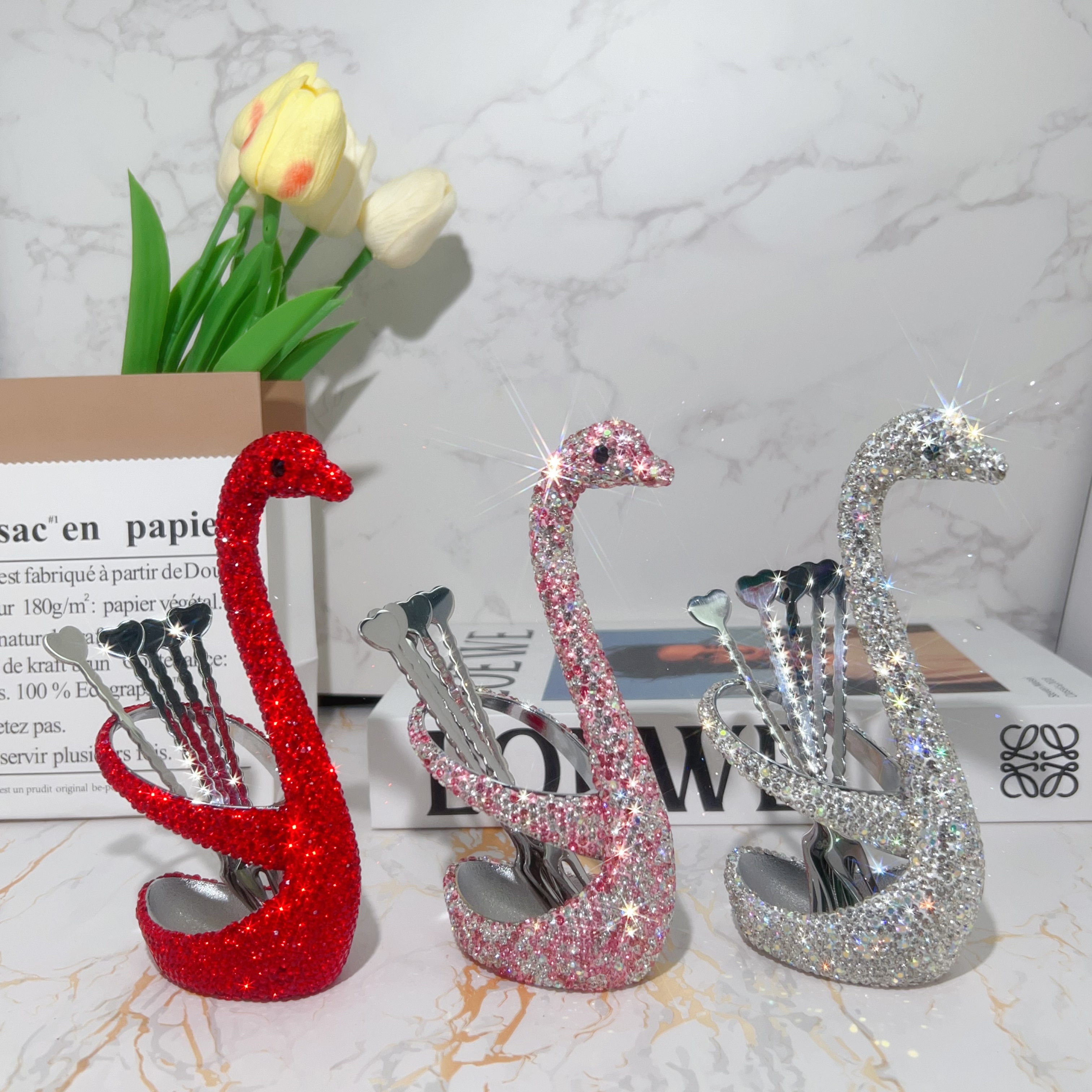 镶钻创意水果叉 304不锈钢镀金色水果签甜品月饼叉天鹅座摆件套装