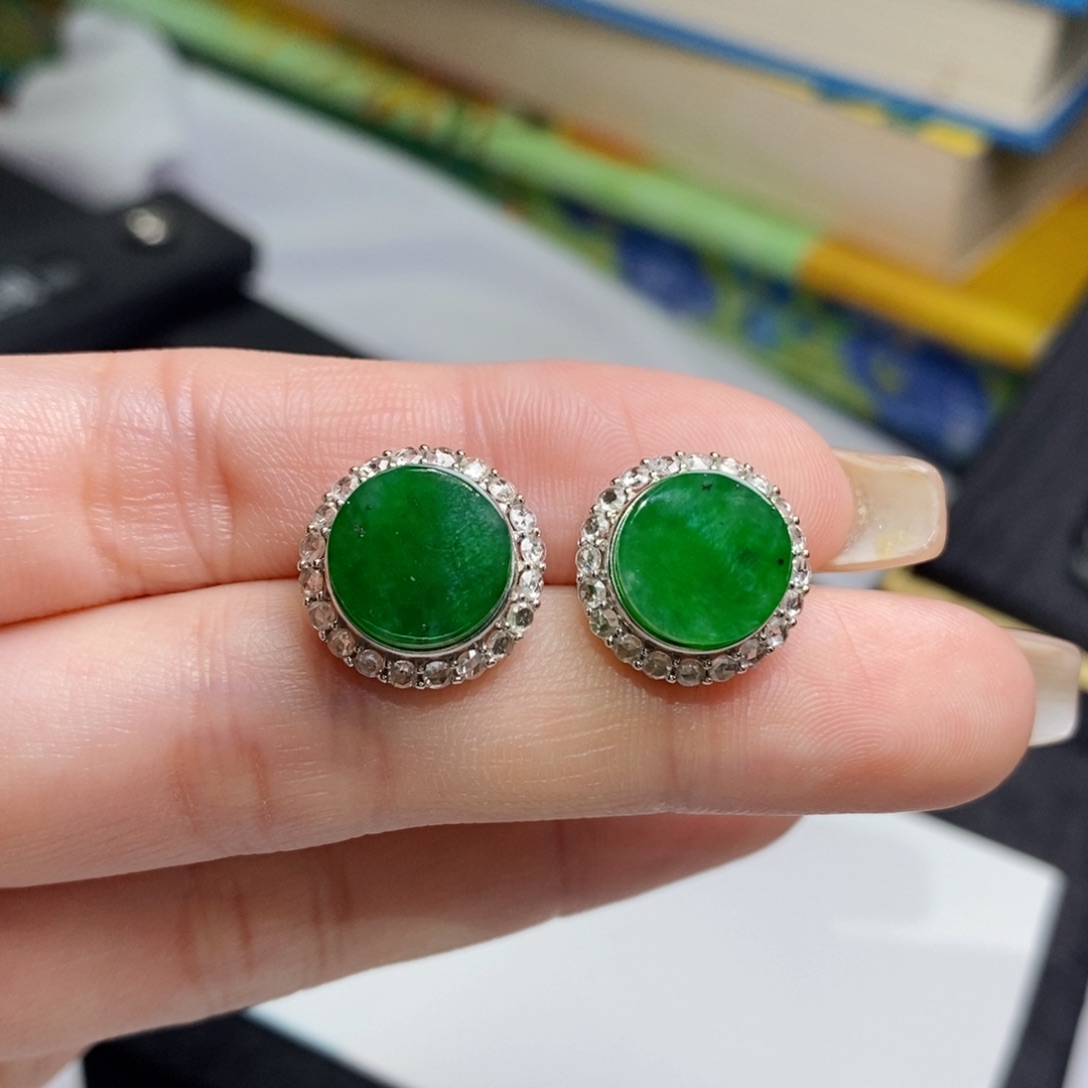 翡翠18K金镶嵌耳饰圆牌