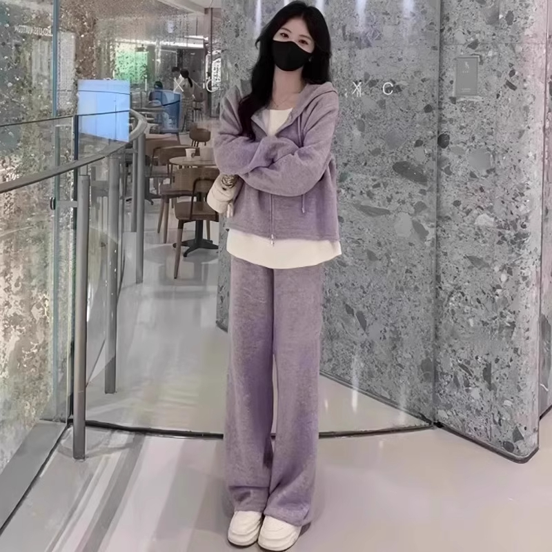 时尚休闲服套装女春秋新款洋气宽松显瘦连帽卫衣外套阔腿裤两件套