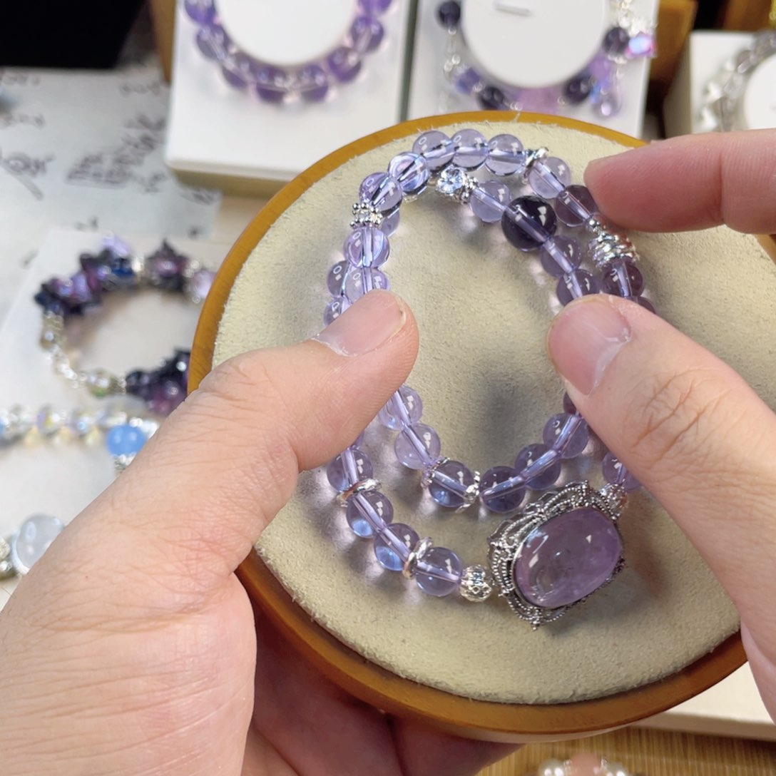 水晶手串银S800镀金镶嵌