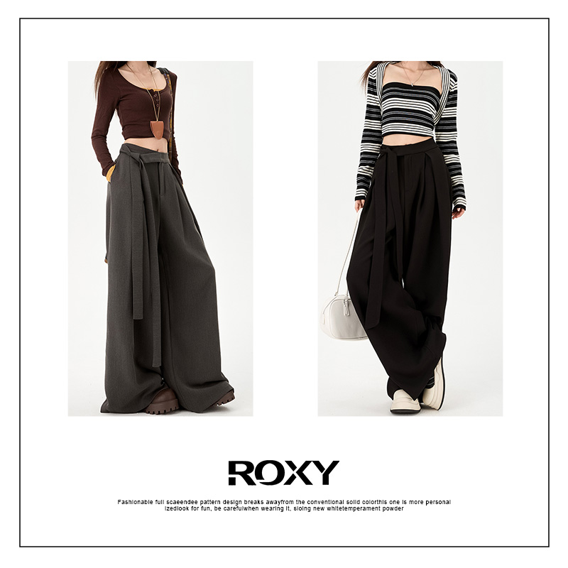 Roxy秋冬新款双色西装阔腿绑带休闲裤女高腰显瘦垂感压褶拖地长裤