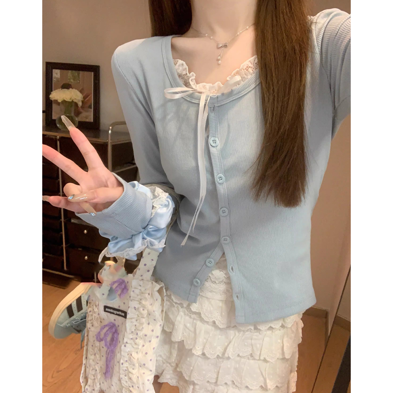 秋季韩版大码胖mm纯欲蕾丝拼色单排扣假两件打底衫T恤上衣