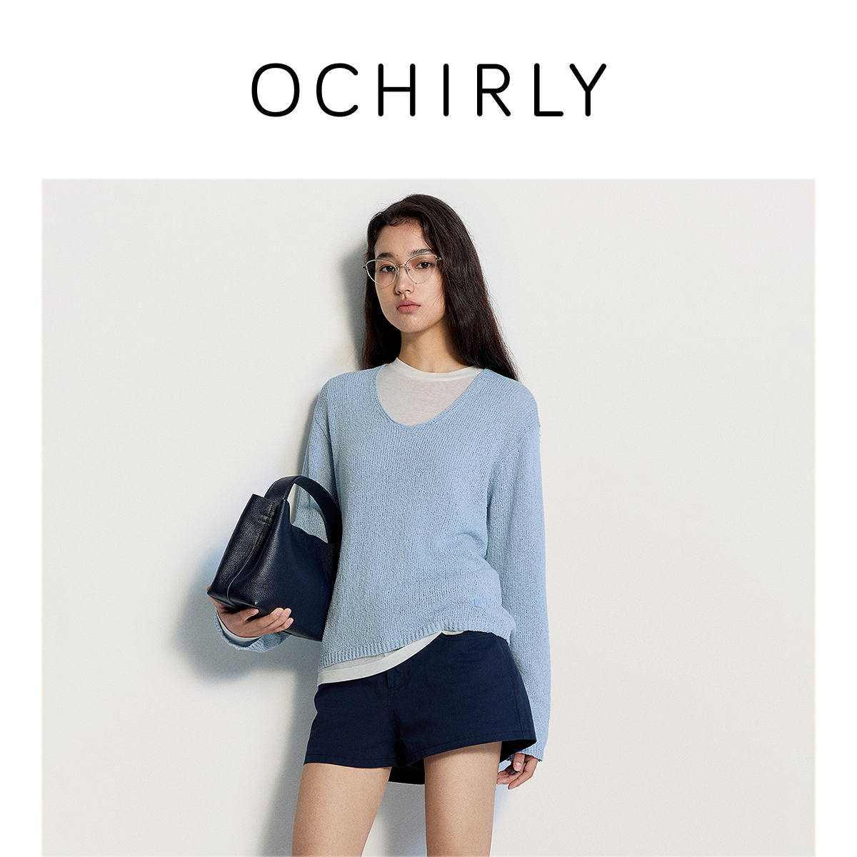 OCHIRLY欧时力 V领长袖针织衫女上衣落肩气质高级夏季2025新品