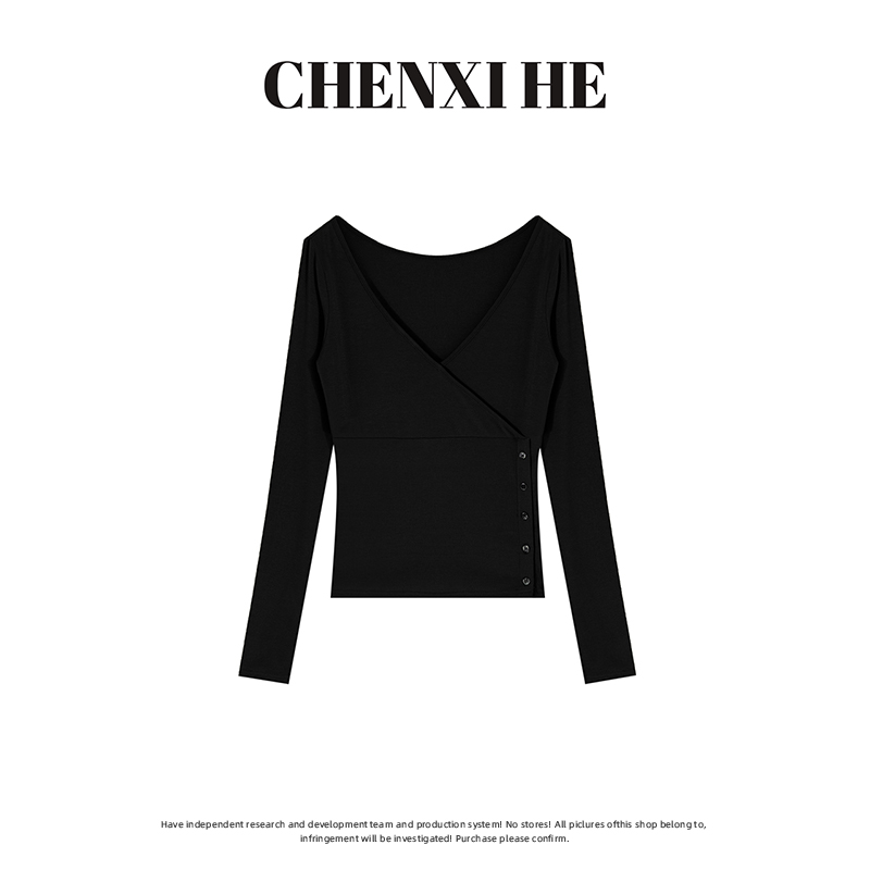 设计款 【曦曦line】何晨曦 设计感V领长袖T恤 T0639C