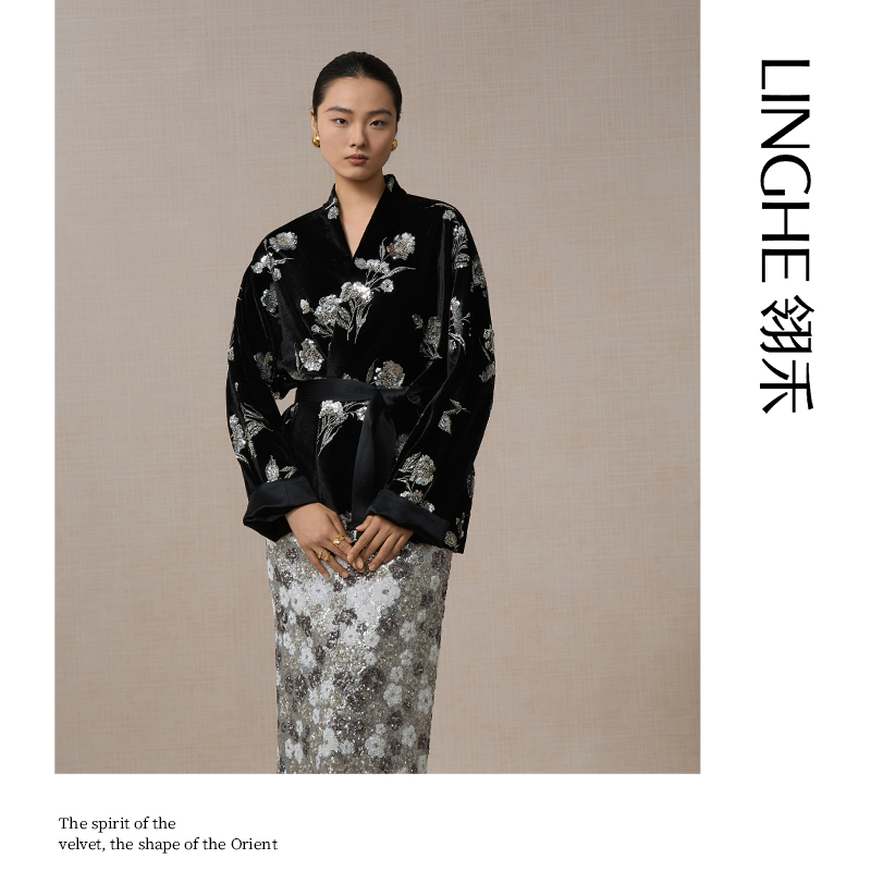 翎禾LINGHE-「春花秋月」秋冬时尚复古国风重工钉珠丝绒廓形外套