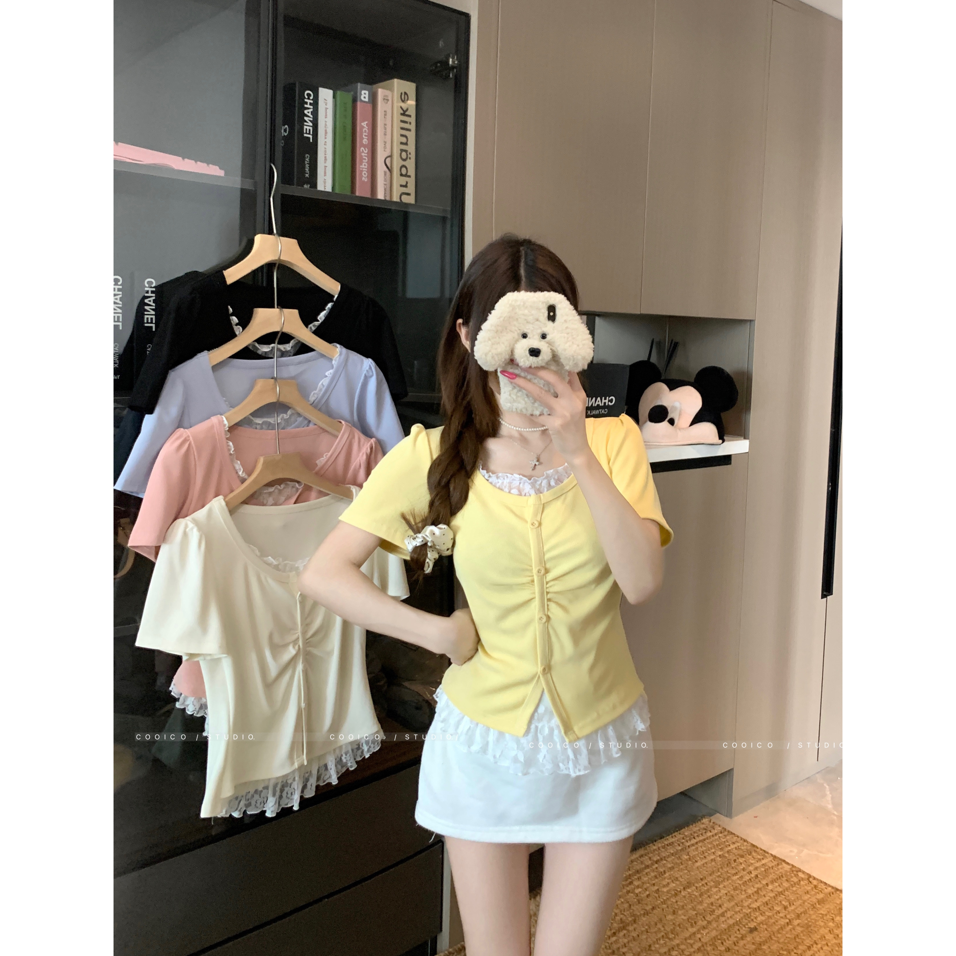 【贝蒂】大码夏季胖mm设计感韩系穿搭蕾丝假两件短袖打底衫T恤女