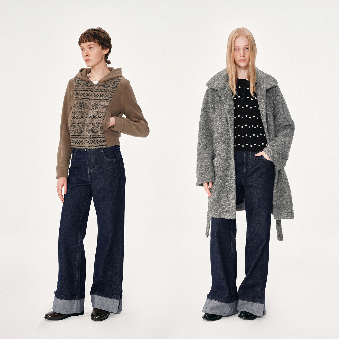 NUTH复古原牛色翻折脚口宽松阔腿牛仔裤女