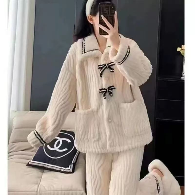 蝴蝶结睡衣套装秋冬甜美两件套可外穿家居服