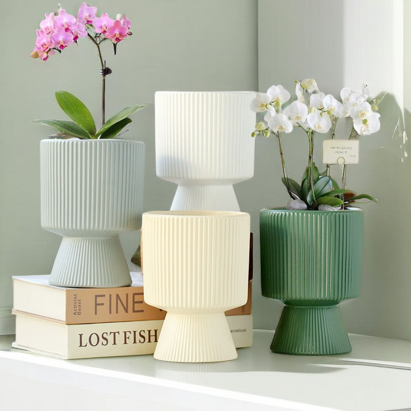 蝴蝶兰专用高脚陶瓷花盆盆栽简约带托盘创意家用蝴蝶兰花盆盆栽