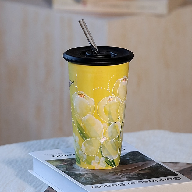 456景德镇高温釉下彩纯手绘陶瓷油画吸管杯