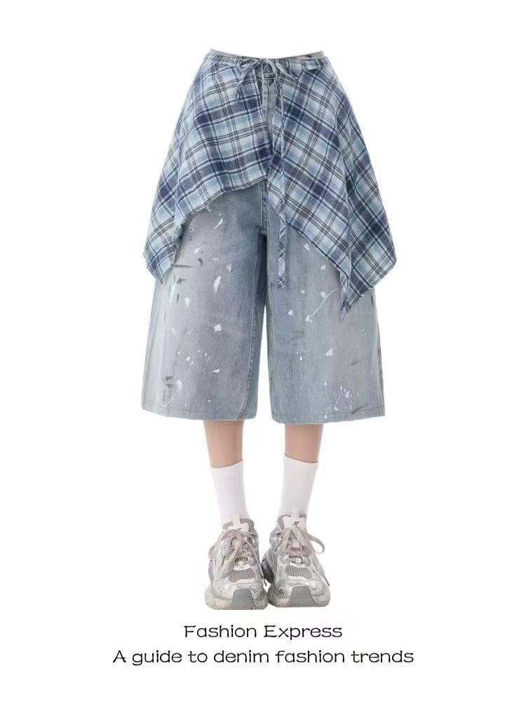 格子屁帘牛仔裤女夏季新款国潮街头撞色格纹裙摆泼墨设计感七分裤