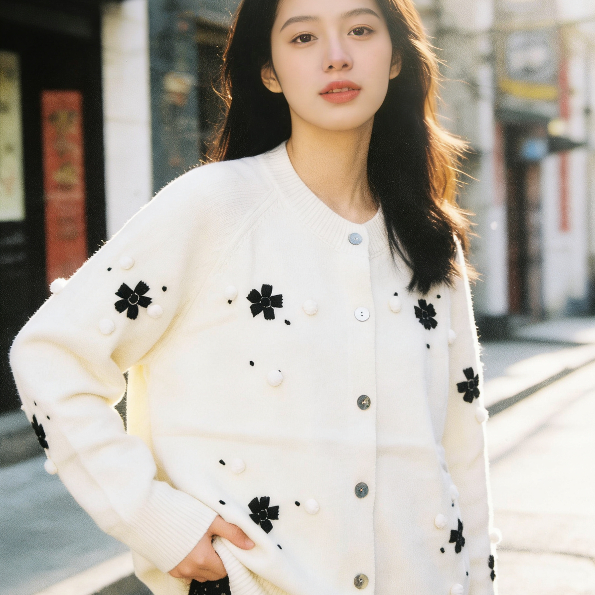 秋冬新款慵懒风刺绣圆领针织开衫女7522