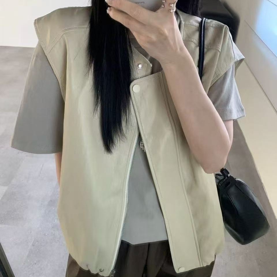 拉链简约风拼接圆领常规韩版马夹短款纯欲辣妹风