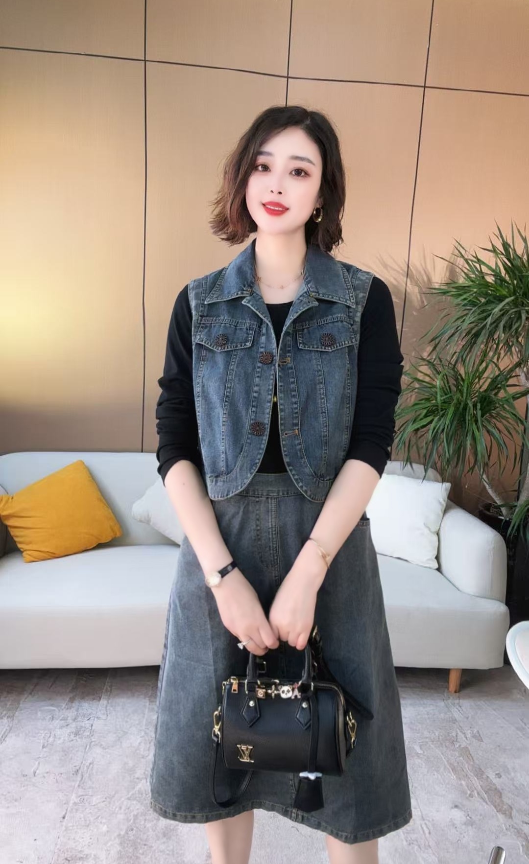 新款牛仔马甲裙两件套百搭简约显瘦套装爆款女装828